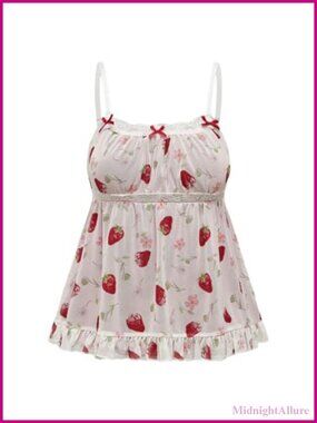 Plus Size Strawberry Print Lace Trim Cami Mesh Peplum Top